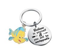 BEKECH Flounder Cartoon Keychain Princess Mermaid Fish Character Believe In Yourself Anime Cartoon Keyring for Fans, Silver, One size