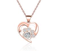 BEKECH Pet Lover Gifts Paw Print Necklace Cubic Zirconia Puppy Dog Cat Pet Paw Print Love Heart Pendant Necklace for Women, No Gemstone