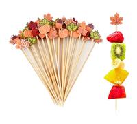 Bekecidi 100 PCS Bamboo Cocktail Sticks, Pumpkin Leaves Acorns Bamboo Skewers Food Picks Fruit Sticks Wooden Toothpicks Cocktail Sticks for Drinks Canapes Burger Thanksgiving Party Decorations (12 CM)