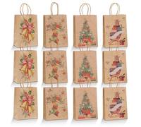 Bekecidi 12 Pack Christmas Paper Bag Christmas Wrapping Bags Xmas Paper Gift Bags with Handles Kraft Gift Bag for Kids Xmas Birthdays Party Favours Presents,21x15x8cm (brown2)