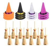 Bekecidi 24 PCS Mini Halloween Witch Hats and Brooms, Small Felt Hat Witches Broom Mini Party Hats for Crafts Wine Bottle Table Decoration Halloween Party Supplies (Black, Purple, Orange, Gray)