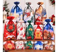 Bekecidi 32 PCS Christmas Stand Up Drawstring Gift Bags Assorted Sizes | Foil Laminate Material,Flat Bottom Stand,8 Sizes Mix,Pull String Closure,Reusable Wrap