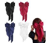 Bekecidi 4 Pack Big Bow Clip Solid Color Bowknot Hairpin Large Hair Bows for Women French Barrette with Long Silky Satin for Adult Teens Women Hair Accessories(Black, Red, Navy Blue, Pure White)