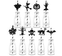Bekecidi 9 Pack Halloween Paper Straws Cocktails Decorative Straws Halloween Decal Striped Paper Straws Include Pumpkin Haunted House Ghost for Halloween Party Supplies Decoration