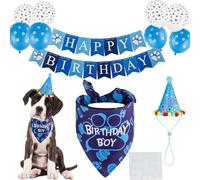 Bekecidi Dog Birthday Bandana Hat Banner Set, Boy Dog Party Hat Triangle Scarf Happy Birthday Banner Dogs Party Decorations Supplies Pet Outfits for Dogs Puppy Gifts (Blue)