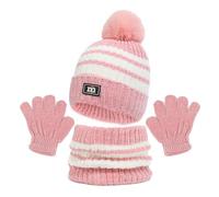 Bekecidi Kids Winter Hat Scarf Gloves Set, 3 in 1 Warm Knitted Beanie Hat Snood Scarf Gloves Set Toddler Cap Thermal Stripe Pom Pom Bobble Hats Neck Warmer for Girls Boys Age 2-8 (Pink)