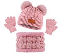 Bekecidi Kids Winter Warm Hat Scarf Gloves Set, Winter Warm Knitted Beanie Hat Scarf Gloves Set Toddler Thermals Pom Pom Bobble Hat Fluffy Neck Warmer and Gloves for Girls Boys Age 1-5 (Pink)