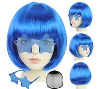 BEKIDER Royal Blue Bob Wig (1 Pair of Glasses+ 1 Hair Cap) Colored Wigs Party Outfit Colorful Bob Wig with Bangs Funny Wigs Mardi Gras Costume Royal Blue Synthetic Hair for Halloween