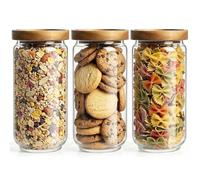Bekith 3 Pack Rustic Glass Storage Jars with Airtight Seal Acacia Wood Lids, 31.6 FL OZ (950ml) Clear Glass Food Storage Containers for Kitchen, Pantry, Office
