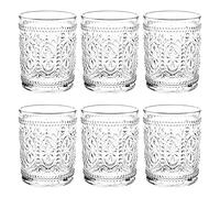 Bekith 6 Pack Drinking Glasses, 9.5 oz Romantic Water Glasses, Clear Embossed Glass Cups Vintage Glassware Set for Whisky, Juice, Beverages, Beer, Cocktail