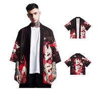 BEKIUA Fox print kimono men, japanese traditional haori cardigan, loose casual street T-shirt personality pattern short sleeve,Black-L
