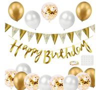 BEKOIUP Gold Birthday Decoration Set: 16pcs Balloons, Banner, Triangle Flags, Garlands - Gold, Metallic, Confetti - Birthday Party Decoration Set for All Ages