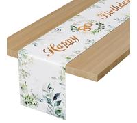 BEKOIUP Happy 80th Birthday Table Runners Green, 80th Birthday Table Runner Eucalyptus Leaves ,Table Cloth Linen Decoration for Home Holiday Party Decor Dining Table Decoration 13x72 Inch