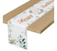 BEKOIUP Happy Birthday Table Runners Green, Table Runner Eucalyptus Leaves ,Table Cloth Linen Decoration for Home Holiday Party Decor Dining Table Decoration for Kids Girls Boys 13x72 Inch
