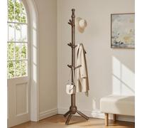 Bekrvio Adjustable Height Solid Wooden Coat Stand for Small Space, 9-Hook Coat Rack Stand with Tripod Base, Walnut Finish Freestanding Coat Stand for Hallway, Entryway-Load 90.7 kg