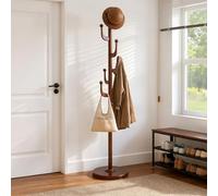 Bekrvio Solid Rubberwood Coat Stands for Hallway with Stable 40cm Disc Base, Walnut Finish Coat Rack with 5 Hooks & 2 Straight Rods for Bedroom Office Entryway -Load 82kg