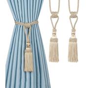 BEL AVENIR 2PCS Curtain Tassel Tiebacks, Handmade Tassels Curtain Tie-Backs Rope Holdbacks for Home Office Decor-Beige