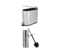 Beldray Bathroom Pedal Bin And Toilet Brush Set, 5L, Soft Close Lid | Stainless Steel, Silver Finish, D-Shaped Space Saving Design, Hands Free Pedal, Silicone Bristles, Closed Top Holder
