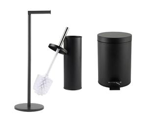Beldray COMBO-9038 Bathroom Accessories Set - 3 Piece With 3L Soft Close Waste Pedal Bin, Toilet Brush & Holder, Freestanding Toilet Roll Holder, Stiff Bristle Cleaning Brush, Stylish Black Finish