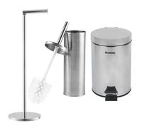 Beldray COMBO-9039 Bathroom Accessories Set - 3 Piece With 3L Soft Close Waste Pedal Bin, Toilet Brush & Holder, Freestanding Toilet Roll Holder, Stiff Bristle Cleaning Brush, Stainless Steel Finish