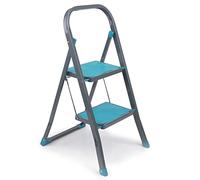 Beldray Foldable 2 Step Steel Ladder - Safety Non-Slip Steps & Feet, Outdoor & Indoor DIY, Durable & Sturdy, Folds Easy For Neat Storage, Safety Clip, Approx 2m Reach Height, Turquoise/Grey