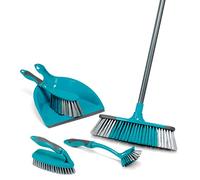 Beldray LA024152TQ Cleaning Bundle with Broom - Dustpan and Brush Set, Scrubbing & Dish Brushes, Long Handled Indoor Floor Sweeping, Washing Up Brushes, Bathroom/Tile/Grout Cleaner, Soft Grip, Blue