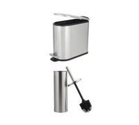 Beldray Toilet Brush & Bin Set - Antibacterial Treated Silicone Bristles with Closed-Top Design, 5 Litre Small Waste Bucket, Soft Closing Lid with Pedal, Space-Saving, Stainless Steel, Silver
