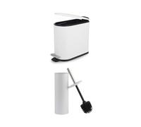 Beldray Toilet Brush & Bin Set - Antibacterial Treated Silicone Bristles with Closed-Top Design, 5 Litre Small Waste Bucket, Soft Closing Lid with Pedal, Space-Saving, Stainless Steel, White