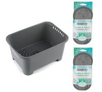 Beldray Washing Up Bowl & Cleaning Pads - Wash & Drain, Integrated Drainer Plug, 8 Litre, Ideal for Home, Camping, Caravans, Compact, Set of 4 Reusable Washing Up Scrub Sponge, Grey
