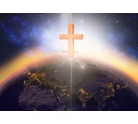 BELECO 1.5x1.5m Fabric Glowing Cross above Backdrop Church Event Background | Creative Glowing Cross above Planet Earth Fabric Background Church Event Decorations Banner Photo Booth Props Customizable