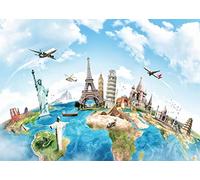 BELECO 1.5x1m Fabric Around The World Global Travel Backdrop World Attractions Statue of Liberty Eiffel Tower Earth Map Backdrop Home Decor Travel Theme Party Banner Kids Adult Portrait Photo Props