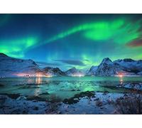 BELECO 1.5x1m Fabric Aurora Borealis Backdrop Arctic Snow-Capped Mountains Lake Scenery Northern Lights Norway Winter Landscape Polar Lights Background Wallpaper Home Decor Photo Booth Studio