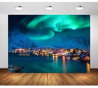 BELECO 1.5x1m Fabric Aurora Borealis Backdrop Norway Northern Lights Above Lofoten Islands Fishing Village Winter Night Background Arctic Snow Mountains Sea View Polar Lights Backdrop Photo