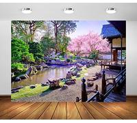 BELECO 1.5x1m Fabric Japanese Garden Backdrop Japan Blooming Cherry Flowers Sakura Trees Garden Courtyard River Spring Scenery Background Japanese Party Decorations Photo Studio