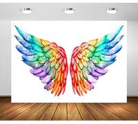 BELECO 1.5x1m Fabric Magic Angel Wings Backdrop for Photography Bright Rainbow Wings Shiny Glitter Wings White Background Colorful Wings Backdrop for LGBT Pride Party Decoration Photo Studio