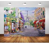 BELECO 1.5x1m Fabric Watercolor Painting of Paris City View Backdrop Eiffel Tower Backdrop Street Cafe Shop Restaurant Paved Walkways Background for Paris Party Decorations Photoshoot Studio