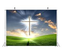 BELECO 1.5x1m Holy Heaven Light Christian Cross Backdrop, Bright Cloudy Sky Green Grassland Crucifix Scene Background, Easter Worship Church Religious Event Decoration Photoshoot Props
