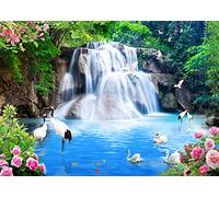 BELECO 1.8x1.2m Fabric Blue Lake and Waterfall Backdrop Mountain Forest Great Falls Scenery Blue Water Crane Blooming Flowers Spring Garden Wall Mural Props
