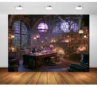 BELECO 1.8x1.2m Fabric Magic Lab Backdrop Backdrop Mad Scientist Backdrops | Witch's Potion Lab Purple Orbs Alchemy Bookshelves Fireplace Apothecary Backdrop Halloween Party Decorations Photo Props