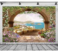 BELECO 10x6.5ft Fabric Mediterranean Garden Terrace Backdrop Romantic Arch Gate with Green Leaves Vine Blooming Flowers Italian Coast Background Birthday Wedding Party Shoot Studio Photo Props