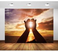 BELECO 10x8ft Fabric Christian Cross Backdrop Sunset Jesus Hands Praying God Bless Worship Backdrop Respect and Pray Background Religious Belief Christian Church Easter Party Decor Banner Photo Prop