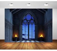 BELECO 10x8ft Fabric Dark Medieval Castle Backdrop Cathedral Interior Gothic Arch Window Torches Grey Arch Wall Background Abandoned Castle Ghost Vampire Halloween Party Decorations Photo Props
