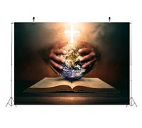 BELECO 10x8ft Fabric Holy Bible Cross Backdrop Hands Holding The World on an Open Bible, Christian Cross Jesus Christ Background Backdrop Religious Belief Christian Church Decor Easter Photo Props