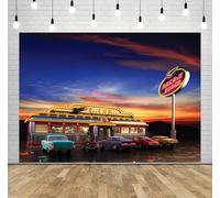 BELECO 10x8ft Fabric Retro American Diner Backdrop Rock it Diner Vintage 50s Diner Classic Cars Motorcycle Motel Background 1950s Diner Theme Party Decorations Birthday Shoot Photo Props