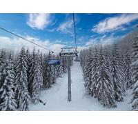 BELECO 10x8ft Fabric Winter Ski Resort Backdrop Snowy Mountain Cableway Station Fir Trees Background Winter Theme Kids Birthday Party Decor Photo Studio Props