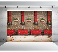BELECO 12x8ft Fabric Santa Claus Workshop Backdrop Santa's Work Shop Red Train Gifts Rustic Brick Wall Snowflakes Winter Scene Background Winter Wonderland Christmas Party Decorations Photo Props