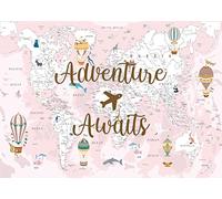 BELECO 2.1x1.5m Fabric Adventure Awaits Backdrop Pink World Map Travel Theme Party Decor Airplane Hot Air Balloons Bon Voyage Baby Shower Banner Newborn Girls Props