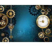 BELECO 2.1x1.5m Fabric Antique Steampunk Backdrop Retro Brass Gold Gear Silver Key Clock Turquoise Textured Steampunk Background Nostalgia Style Novelty Artistic Design Party Decor Photo Studio Props