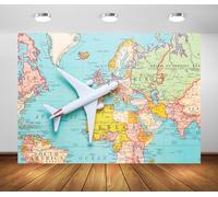 BELECO 2.1x1.5m Fabric Around The World Travel Backdrop World Map Airplane Adventure Awaits Background Let The Adventure Begin Birthday Baby Shower Party Decorations Banner Photo Booth Studio Props