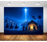 BELECO 2.1x1.5m Fabric Bethlehem Nativity Backdrop Blue Star Night Backdrop | Angels Three Wise Men Camel Bethlehem City Nativity Backdrop Religious Christmas Banner Party Decorations Photography Props